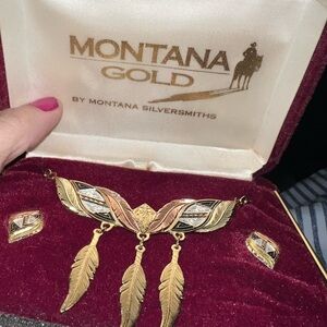 Tri-Color Feather Necklace and Earring Set - Gold, Rose & Silver Tones